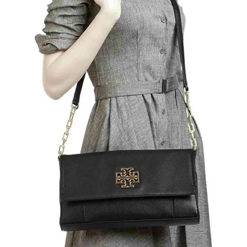 Tory Burch Britten Fold Over Messenger Black Leather Crossbody Purse - Picture 4 of 16